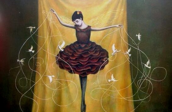 A ballerina is dancing with many birds.