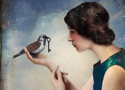 A woman and a bird with a key.