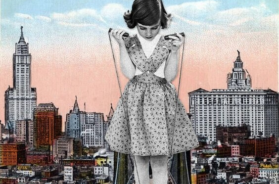 Rhed Fawell artist: a little spoiled girl holding puppet strings