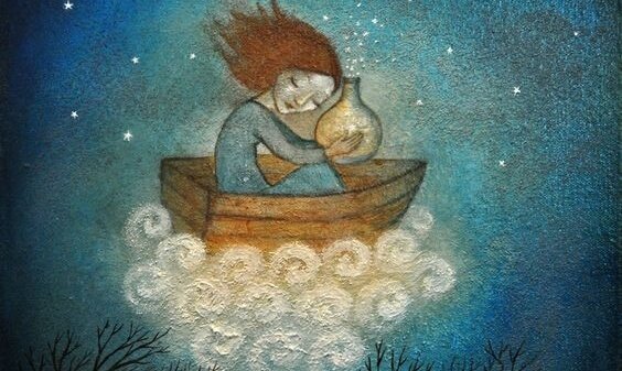 A girl in a floating boat.