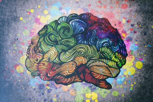 Colorful swirls on a brain.