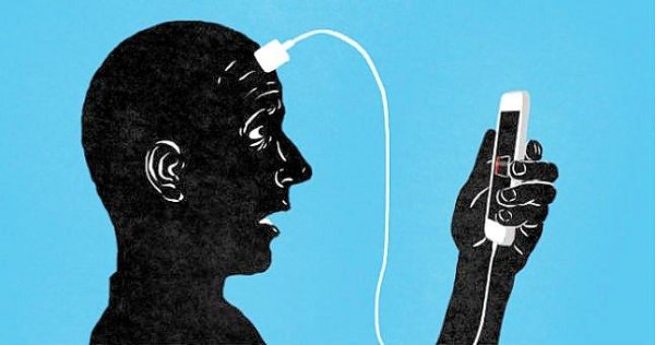 A cell phone plugged into a man's forehead.