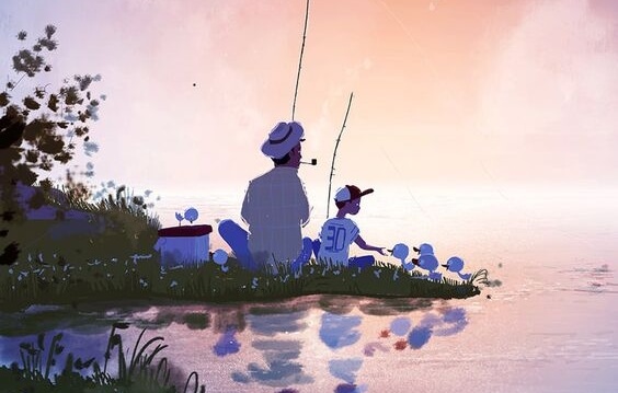 Father fishing with son