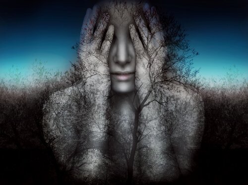 Covering your eyes in the forest.