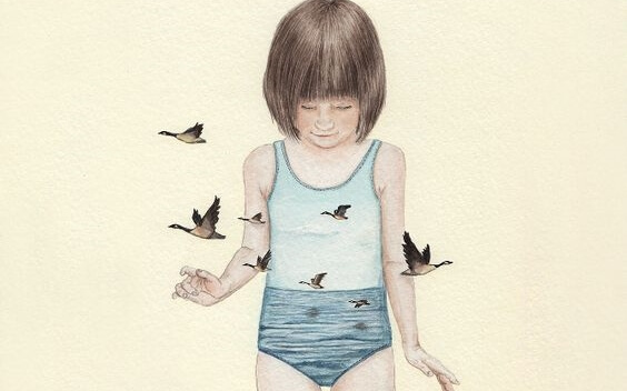Girl surrounded by birds
