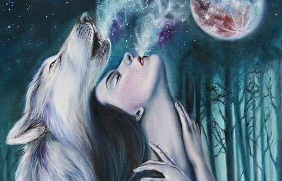 A woman and a wolf howling together at night.