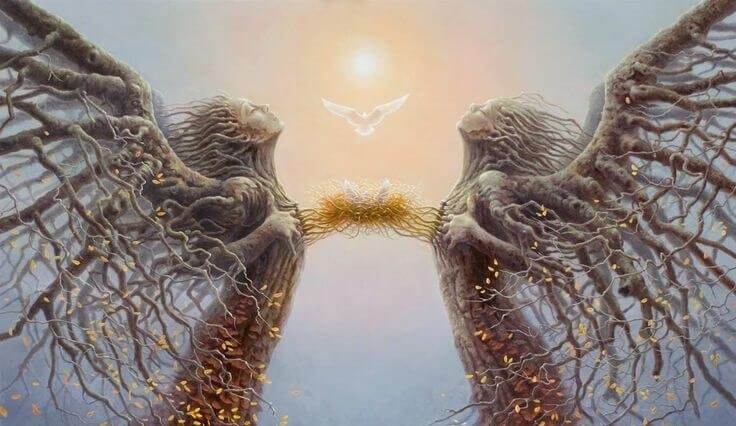 Two tree angels connected at the heart.