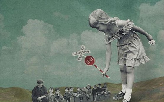 Rhed Fawell artist: a little, giant girl holding a stop sign