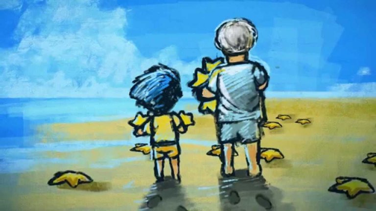 Man och pojke på stranden bär sjöstjärnor och tänker på uthållighet.