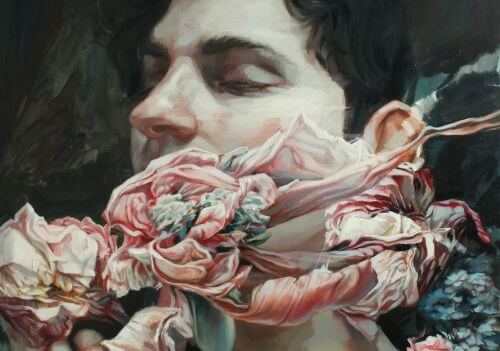 A man with flowers, eyes closed picturing blind spots.