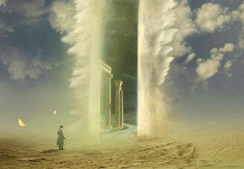 Man walking towards the gates of heaven.