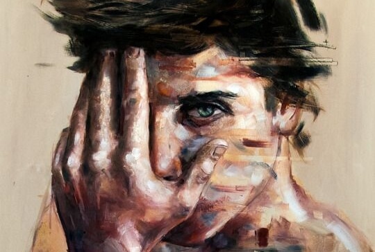 Painting of a man with his hand covering one eye.