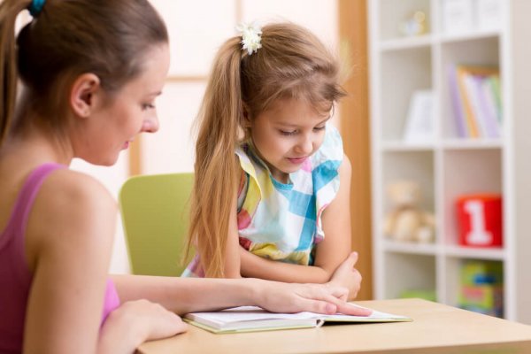Mother teaching girl