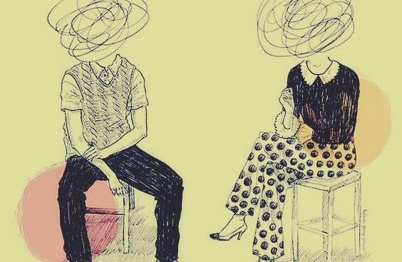 a couple talking with scribbles for heads