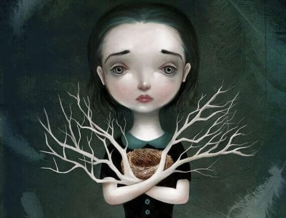 Sad girl with branches for arms.