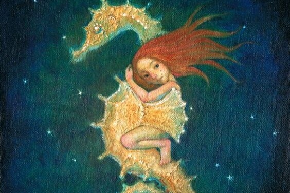 A girl on a seahorse.