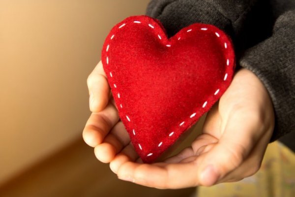 A stitched heart in cupped hands.