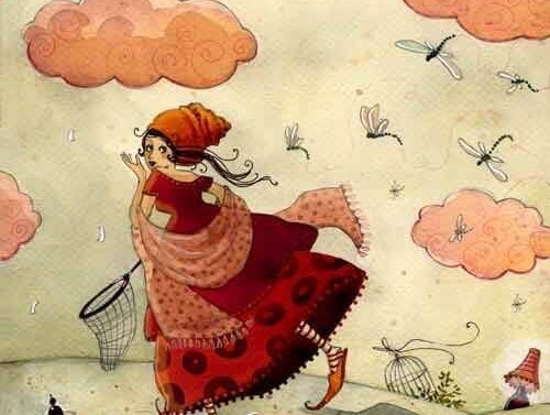 Woman catching dragonflies.