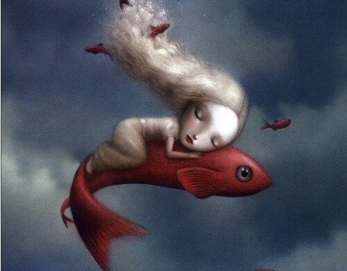 Talking to yourself: a woman riding a flying fish.