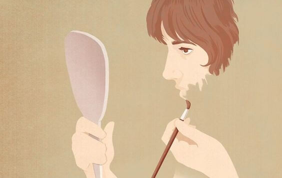 A person looking in a mirror and painting their own face.
