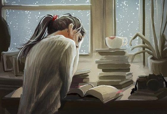 Woman is studying with a pile of books.