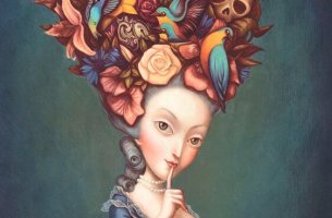 Woman with adorned hair using blackmail.