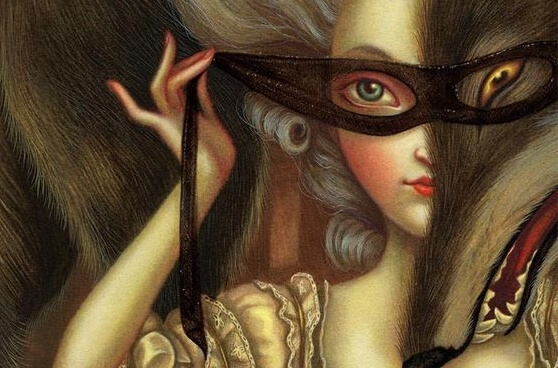 Woman with a mask over her eyes; blackmail.