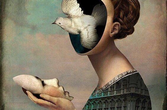 Woman without a face with a bird flying out of her head demonstrating unconscious