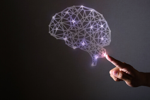 A floating human brain with pink lights.