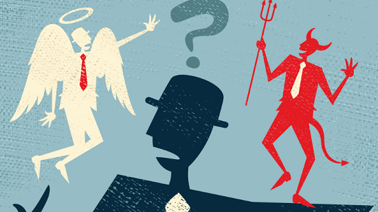 An angel and a devil on a confused man's shoulders.