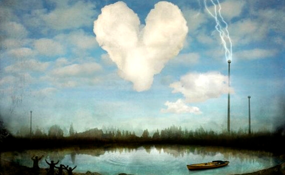 Clouds in the sky are in the shape of a heart.