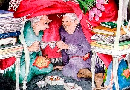 Old friends sharing coffee and sweets in a fort with books.