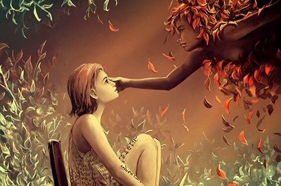 A girl is sitting in a chair being touched by an angel.