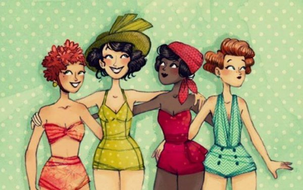 meaningful relationships: women in old-fashioned swimsuits.