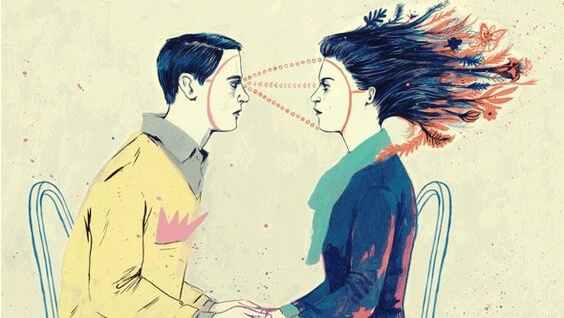 A man reading a woman's face.