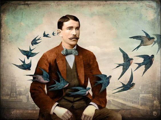 A man with birds circling around him.