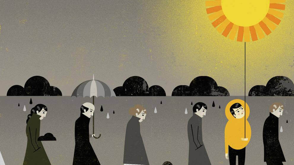 An optimistic man has the sun and is surrounded by gray people.