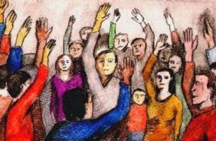 people with arms raised