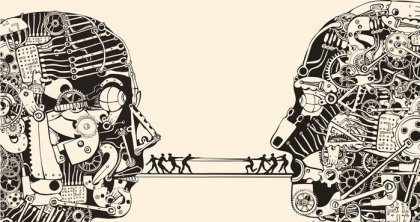 People walking on a bridge between mouths.