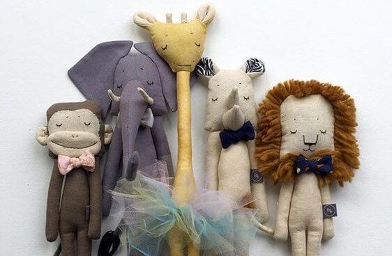 Stuffed animals with bow ties.