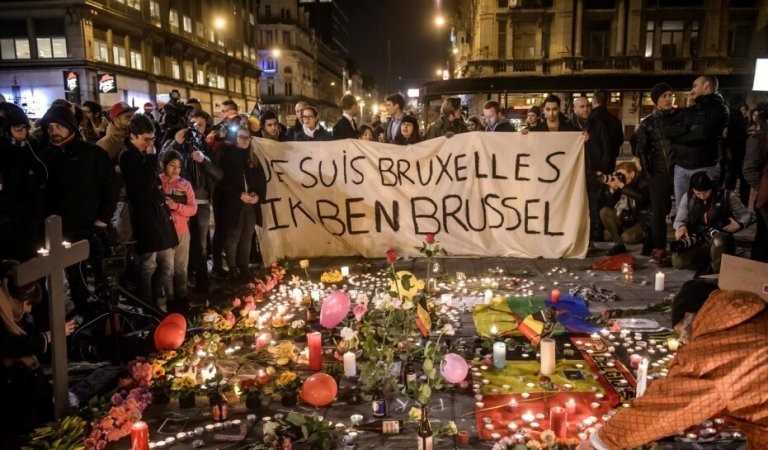 Sign about the terrorism attack in Brussels.