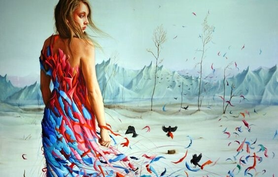A dress made of colors with birds.