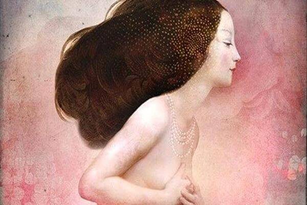 Naked woman holding her chest.