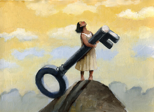 Woman with a giant key looking at the sky.