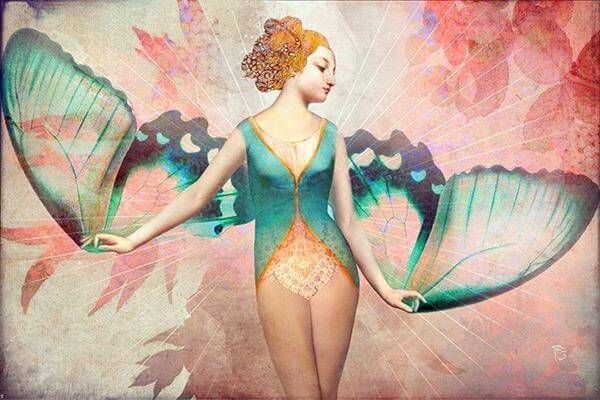Woman with butterfly wings.