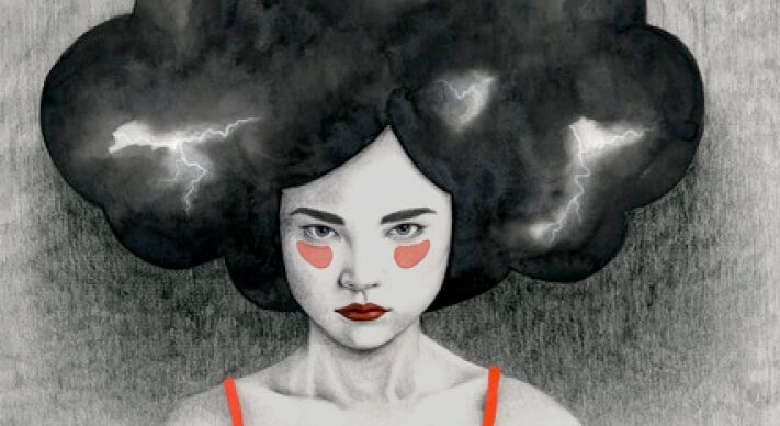 An angry woman has a thunder cloud as hair.