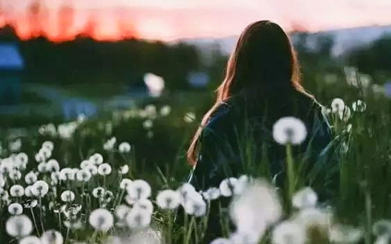 Girl in a field of dandelions.