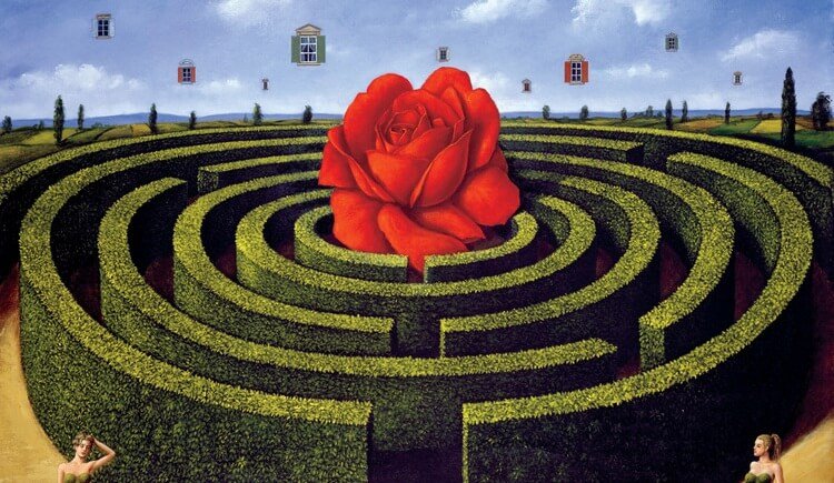 A giant rose in the middle of a maze.