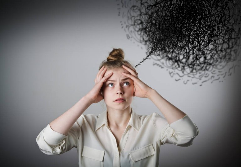 A lady with a cloud of negative thoughts.