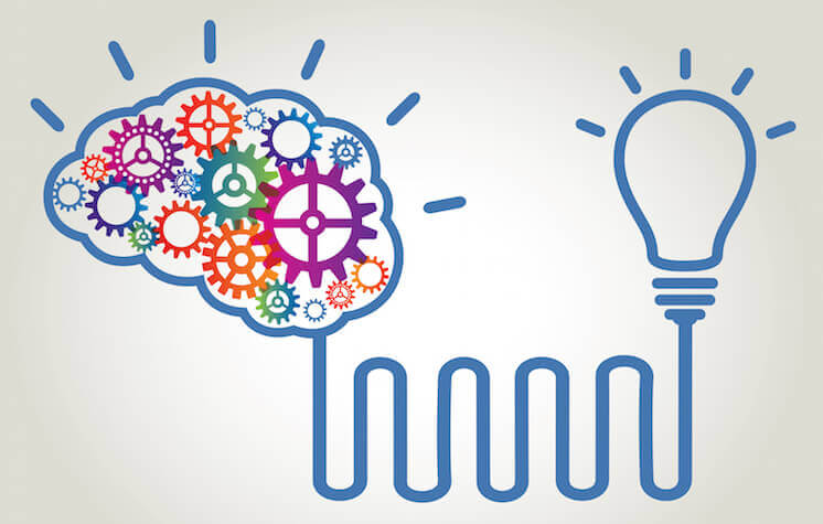 Mechanical gears in a human brain lighting up a light-bulb.